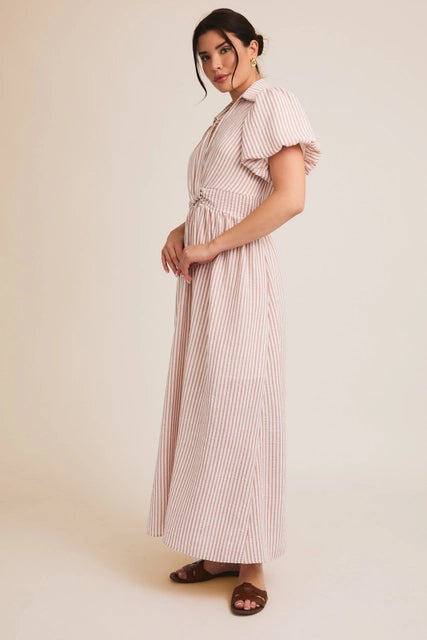 Front Tie Detail Striped Maxi Dress-White Pink