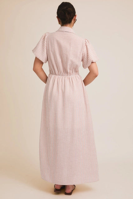 Front Tie Detail Striped Maxi Dress-White Pink