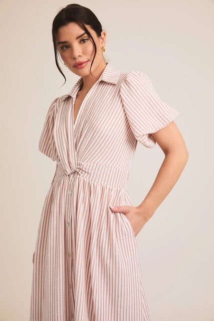 Front Tie Detail Striped Maxi Dress-White Pink