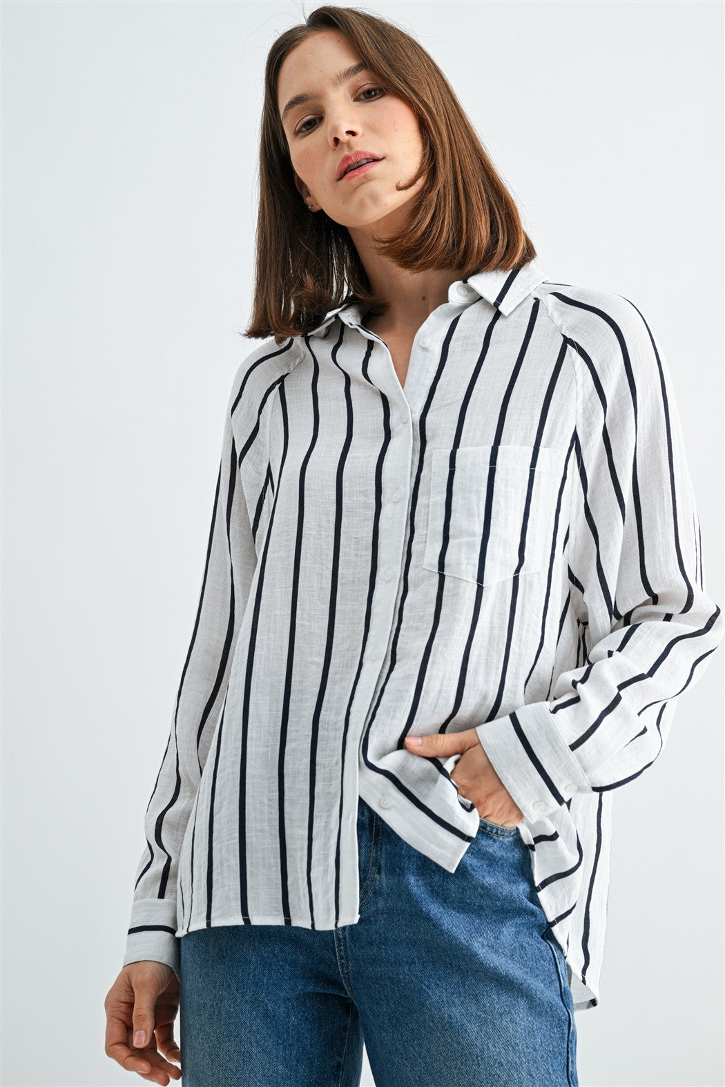 Crystal Long Sleeve Striped Button Down Shirt-White Black