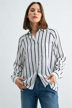 Crystal Long Sleeve Striped Button Down Shirt-White Black