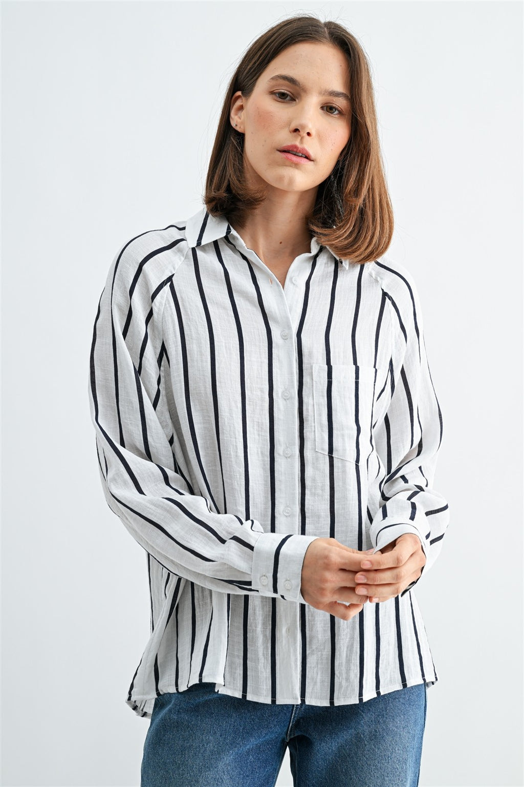 Crystal Long Sleeve Striped Button Down Shirt-White Black