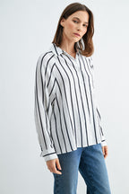 Crystal Long Sleeve Striped Button Down Shirt-White Black