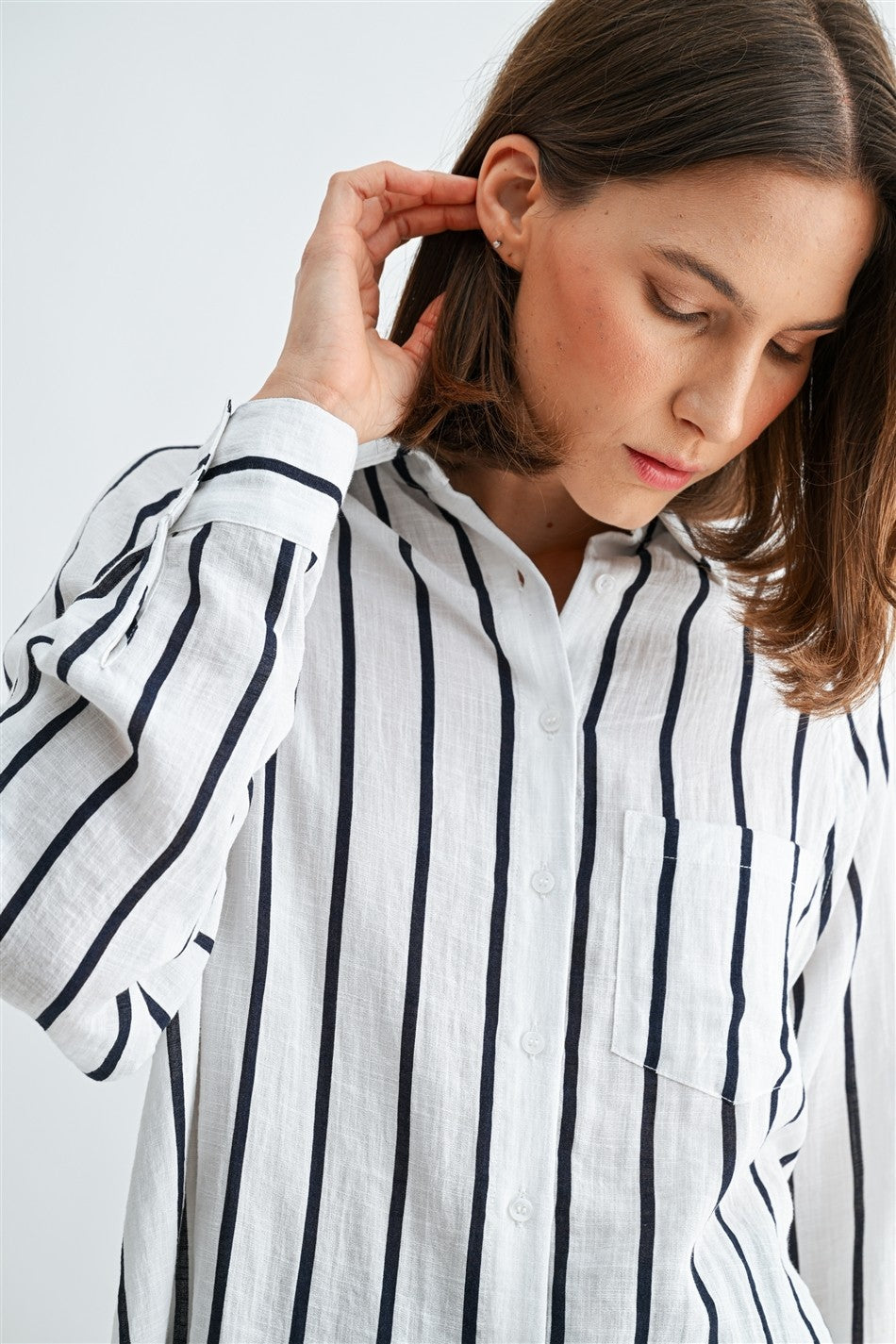 Crystal Long Sleeve Striped Button Down Shirt-White Black