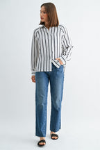 Crystal Long Sleeve Striped Button Down Shirt-White Black