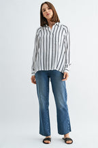 Crystal Long Sleeve Striped Button Down Shirt-White Black