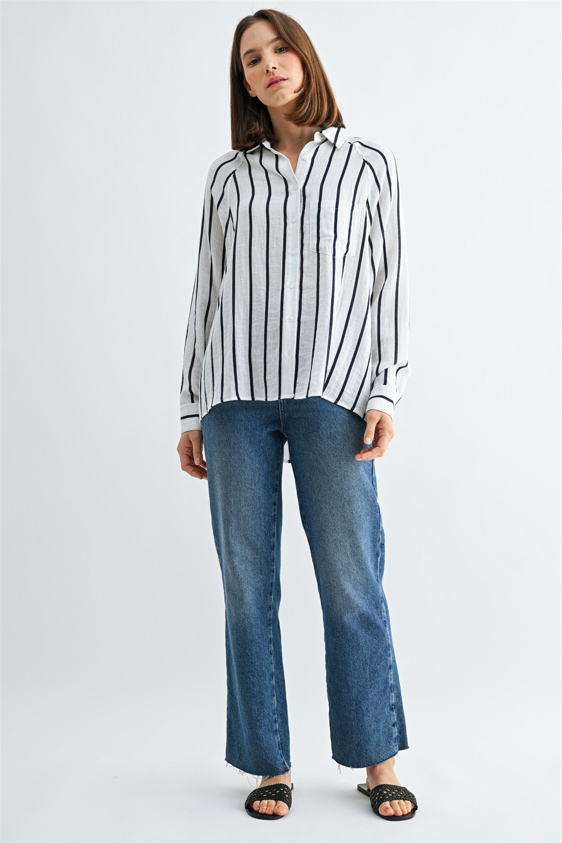 Crystal Long Sleeve Striped Button Down Shirt-White Black