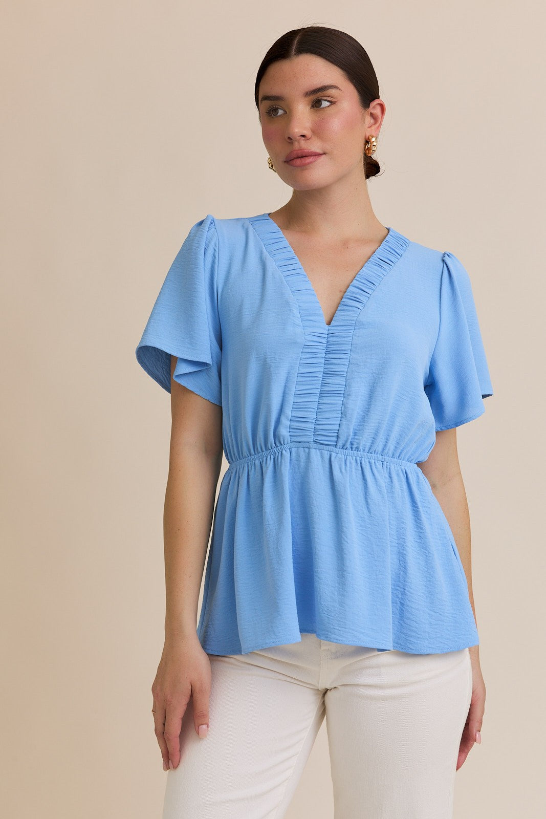 Short Ruffle Sleeve Ruching V Neck Top-Blue