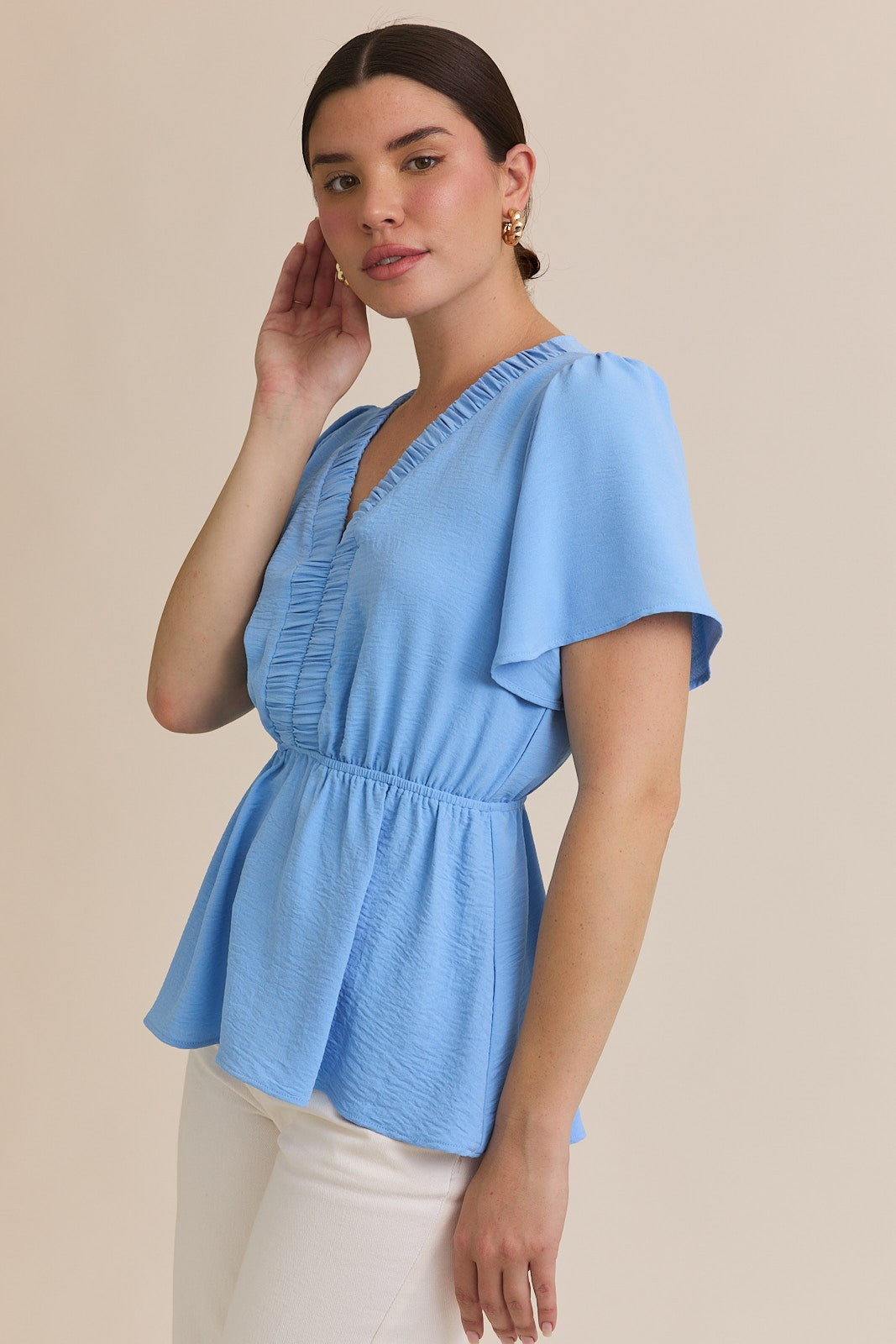 Short Ruffle Sleeve Ruching V Neck Top-Blue