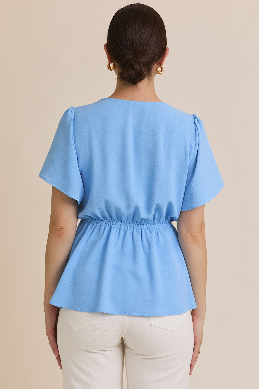 Short Ruffle Sleeve Ruching V Neck Top-Blue