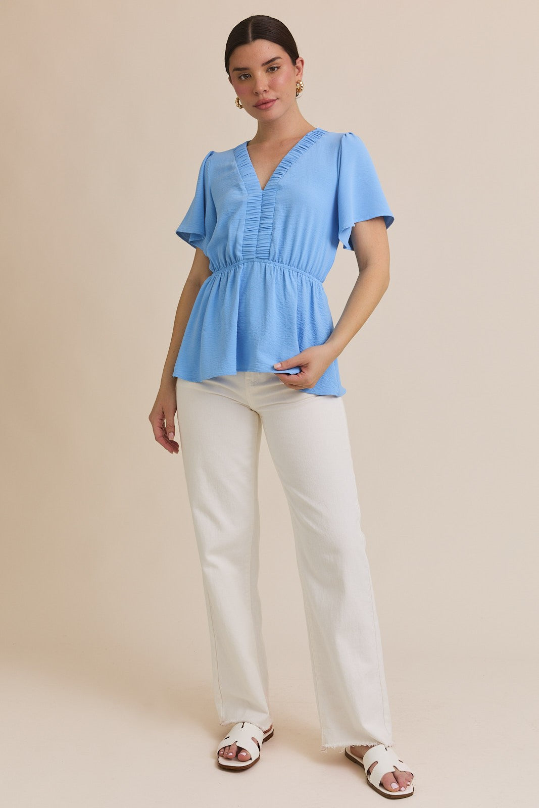 Short Ruffle Sleeve Ruching V Neck Top-Blue