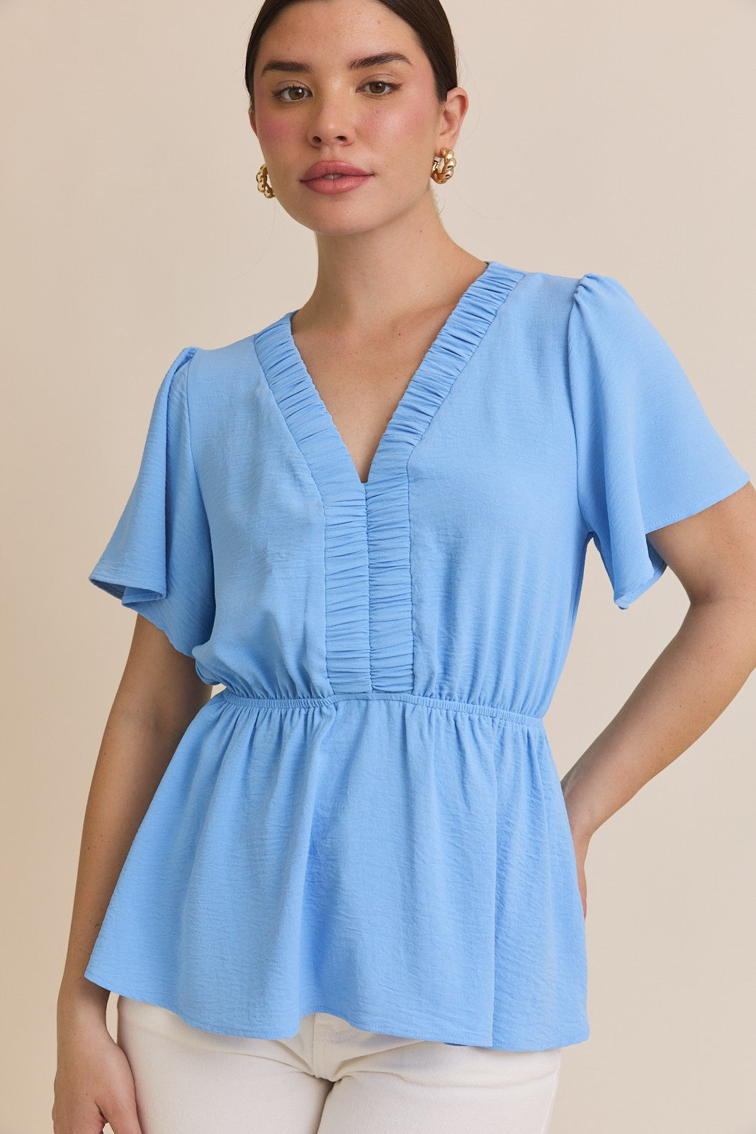 Short Ruffle Sleeve Ruching V Neck Top-Blue