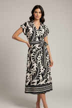 Marley Border Print Button Front Midi Dress-Sand Black Flowy