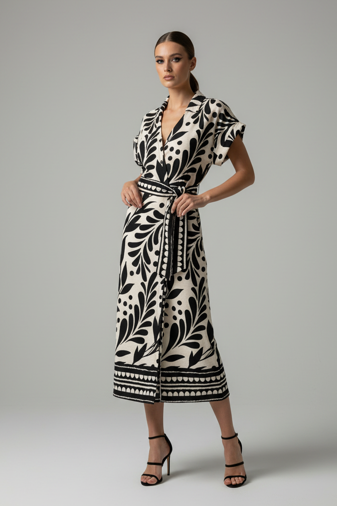 Marley Border Print Button Front Midi Dress-Sand Black Flowy