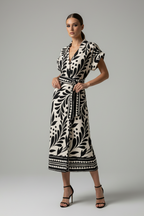 Marley Border Print Button Front Midi Dress-Sand Black Flowy