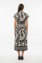 Marley Border Print Button Front Midi Dress-Sand Black Flowy