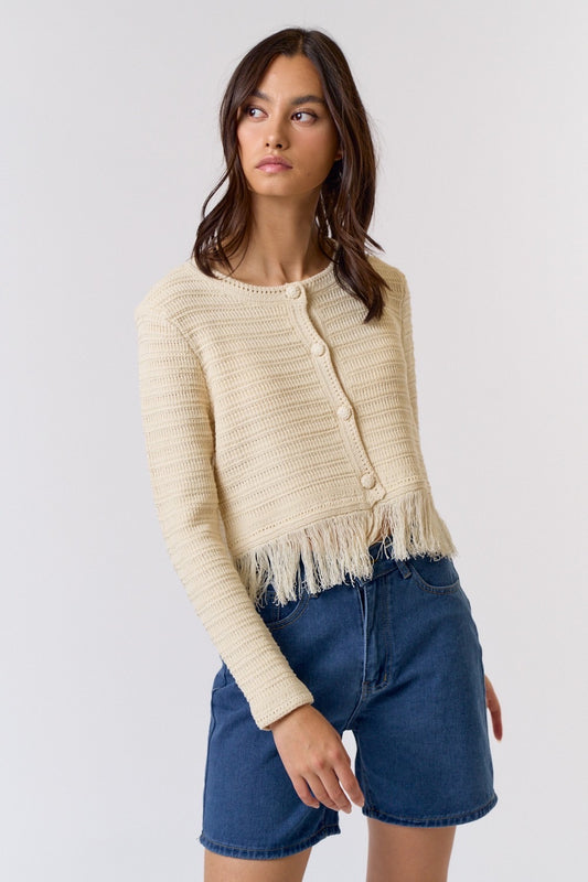 Anastasia Long Sleeve Cardigan with Fringe-Natural