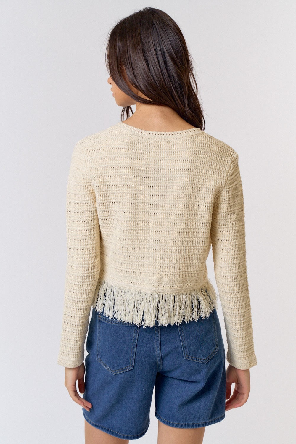 Anastasia Long Sleeve Cardigan with Fringe-Natural