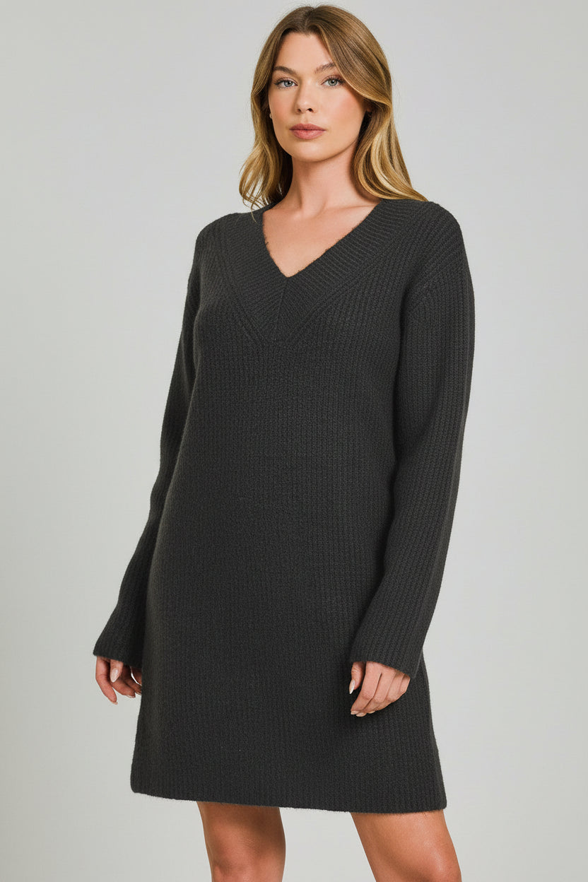 Daisee Ribbed Sweater Mini Dress-Black Knit