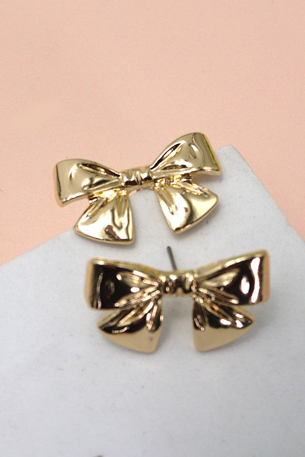 Bow Ribbon Stud Earrings-Gold