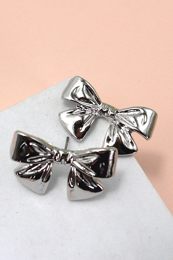 Bow Ribbon Stud Earrings-Silver