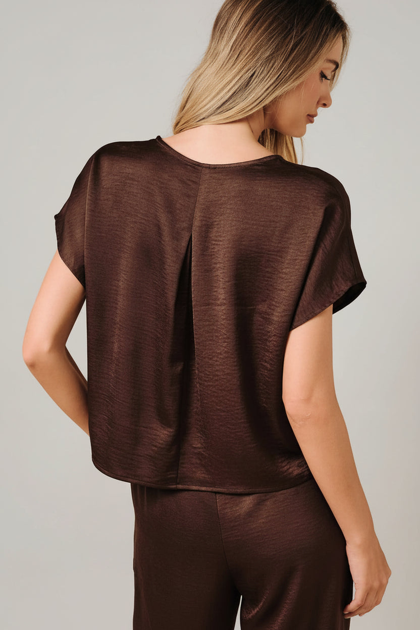 Back view of a woman modeling a brown crinkle satin top with dolman short sleeve against a solid beige background.