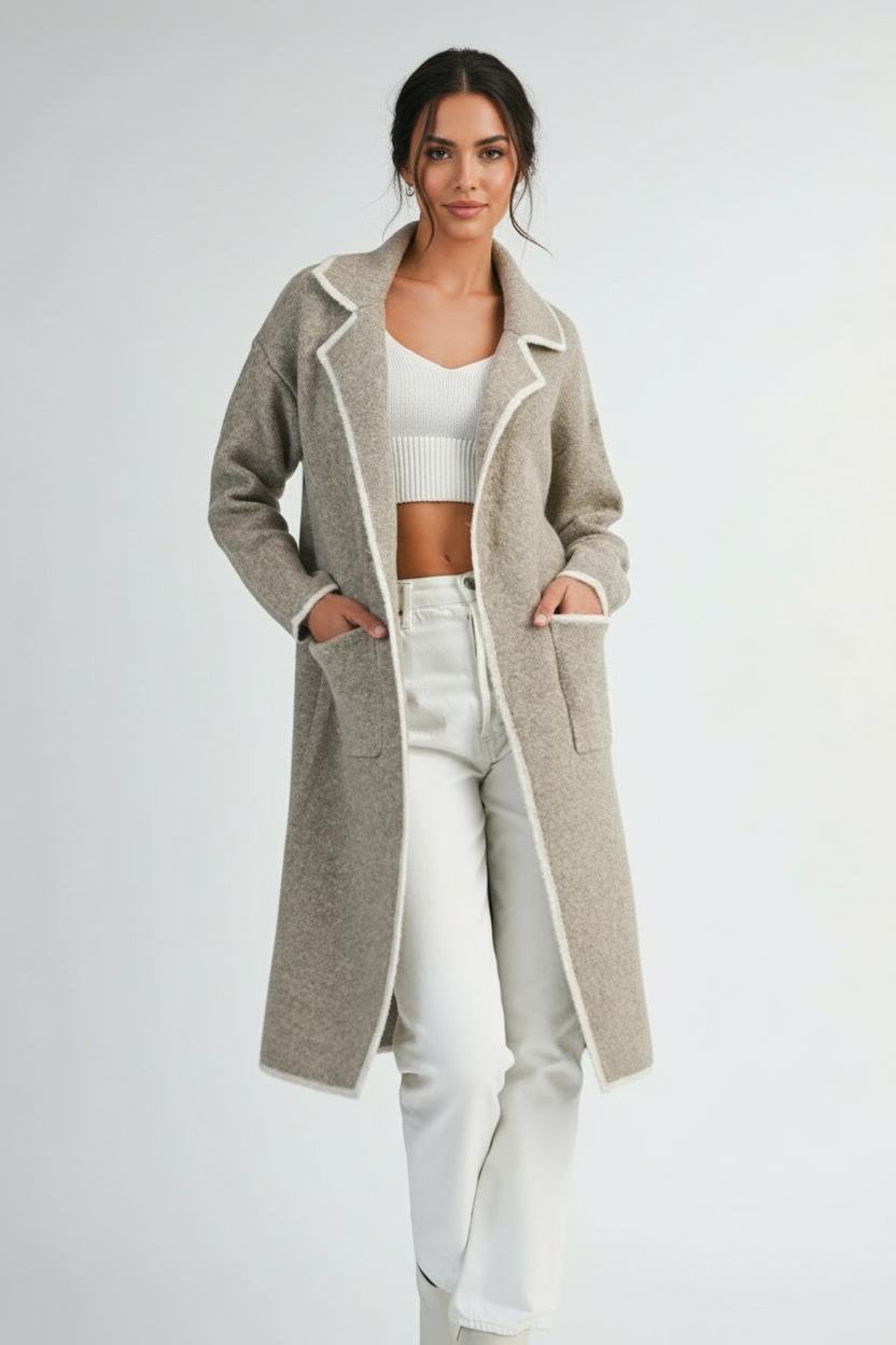 Denver Contrast Trim Cardigan Jacket-Lt Mocha Knit