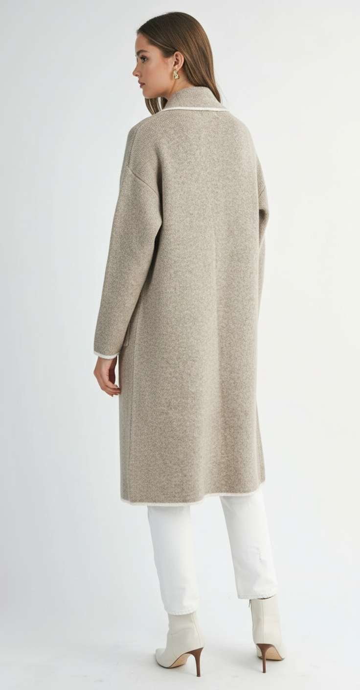 Denver Contrast Trim Cardigan Jacket-Lt Mocha Knit