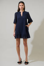 Eyelet Short Sleeve Shift Dress-Navy