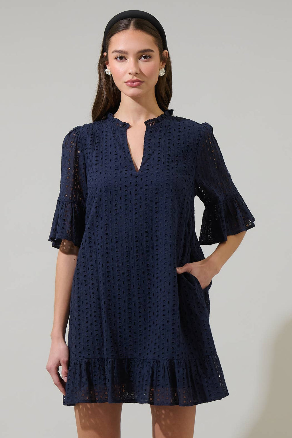 Eyelet Short Sleeve Shift Dress-Navy