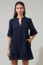 Eyelet Short Sleeve Shift Dress-Navy