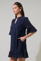 Eyelet Short Sleeve Shift Dress-Navy