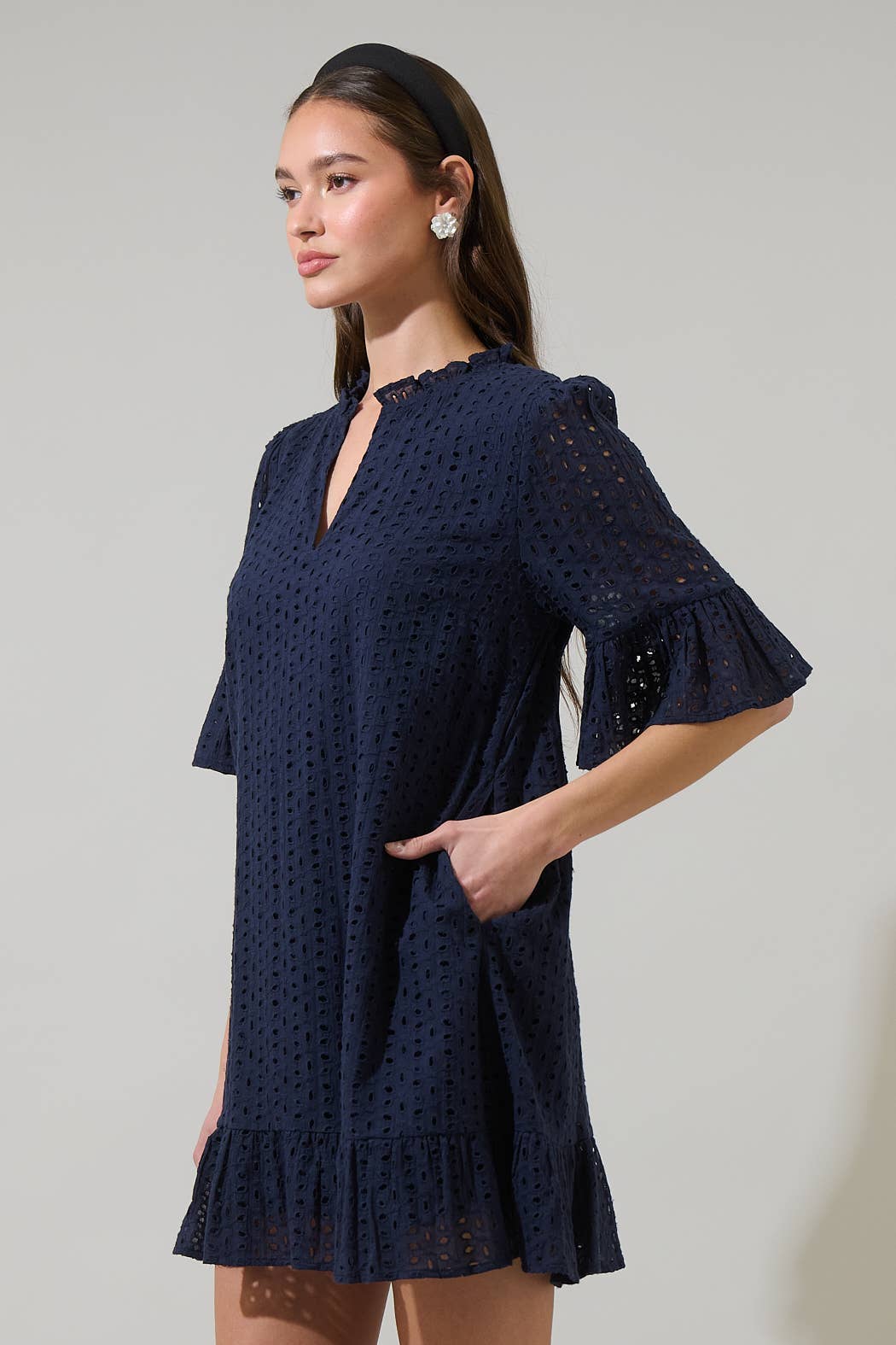 Eyelet Short Sleeve Shift Dress-Navy