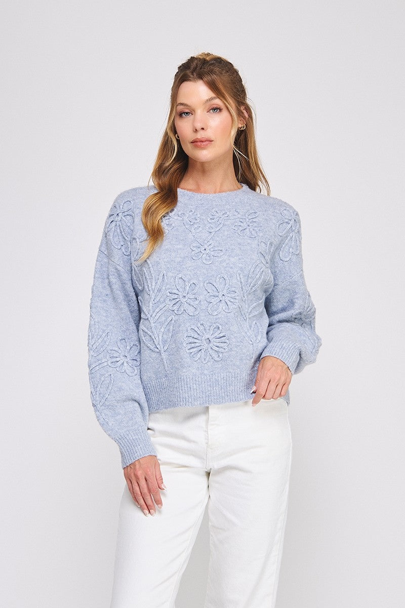 Woman wearing a heather blue knit sweater with floral embroidery on a white background