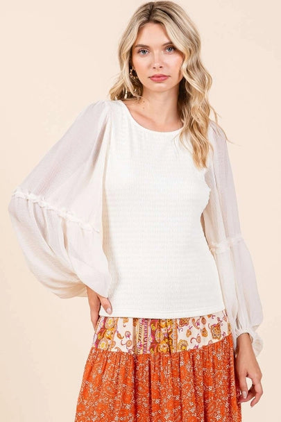 Textured Knit Chiffon Long Sleeve Top-Ivory