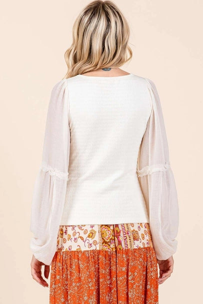 Textured Knit Chiffon Long Sleeve Top-Ivory