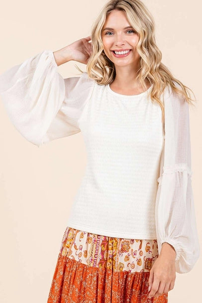 Textured Knit Chiffon Long Sleeve Top-Ivory