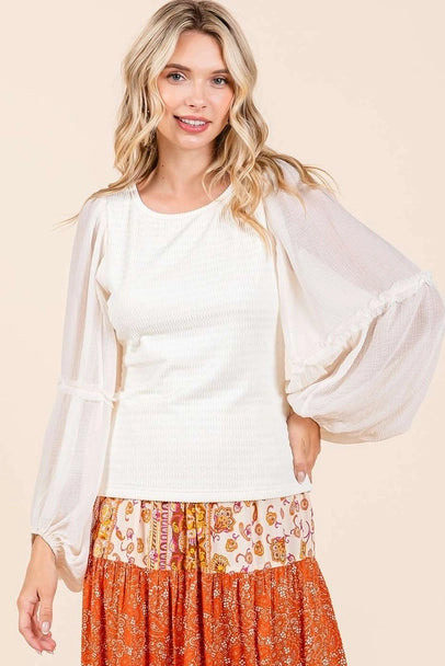 Textured Knit Chiffon Long Sleeve Top-Ivory