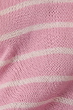 Close-up of the pink knit sweater fabric with light pink stripes