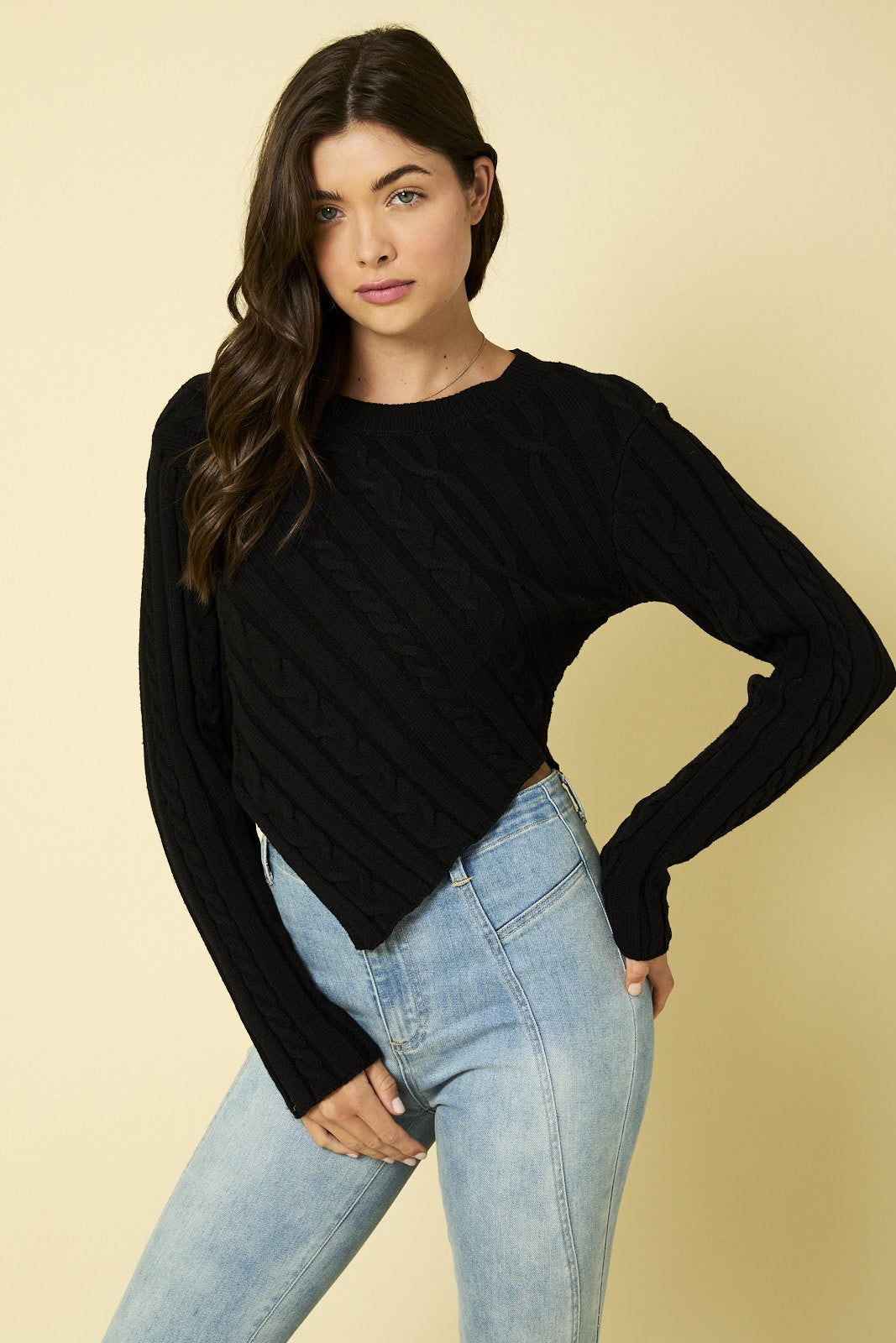 Long Sleeve Cable Knit V Design Sweater-Black