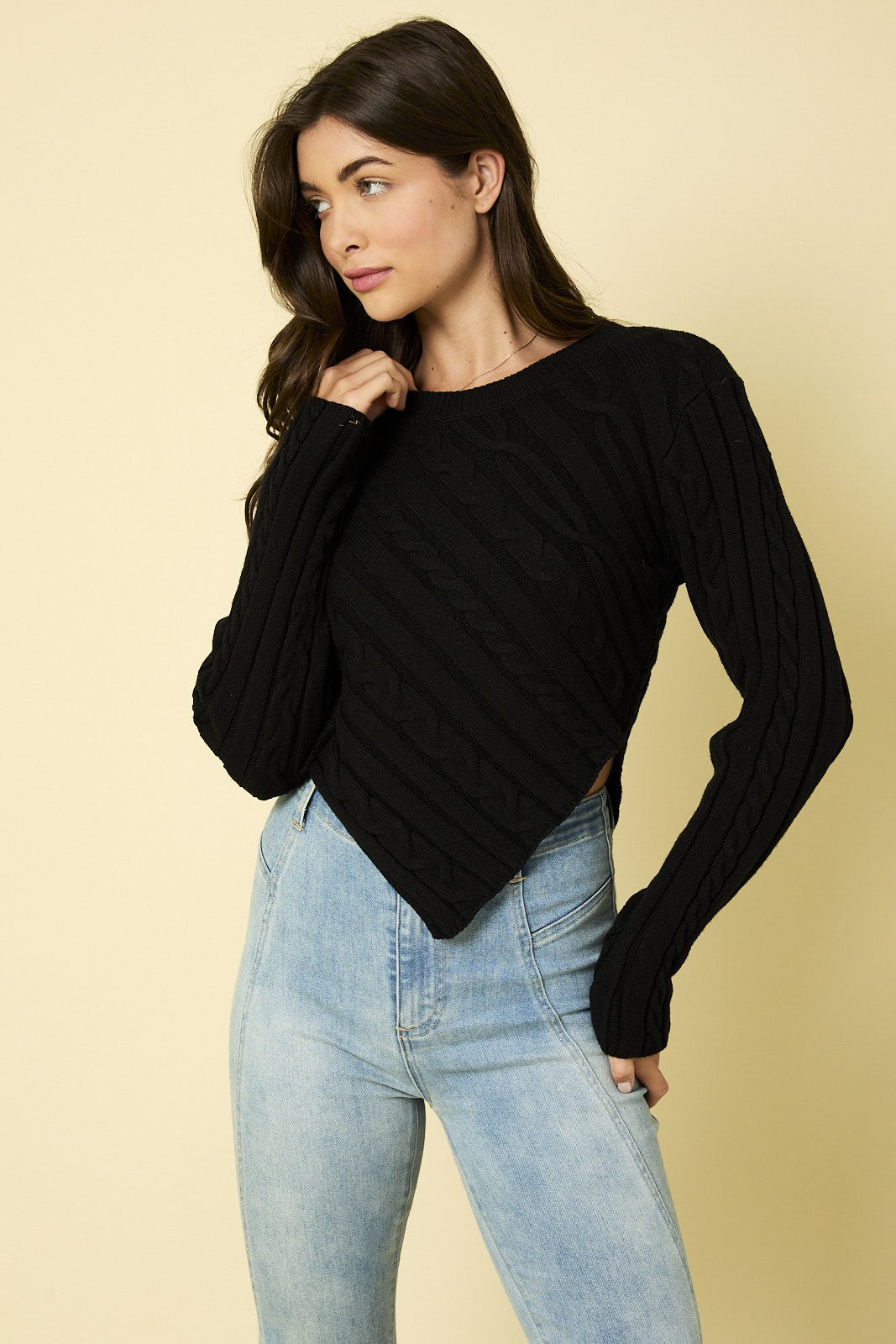 Long Sleeve Cable Knit V Design Sweater-Black