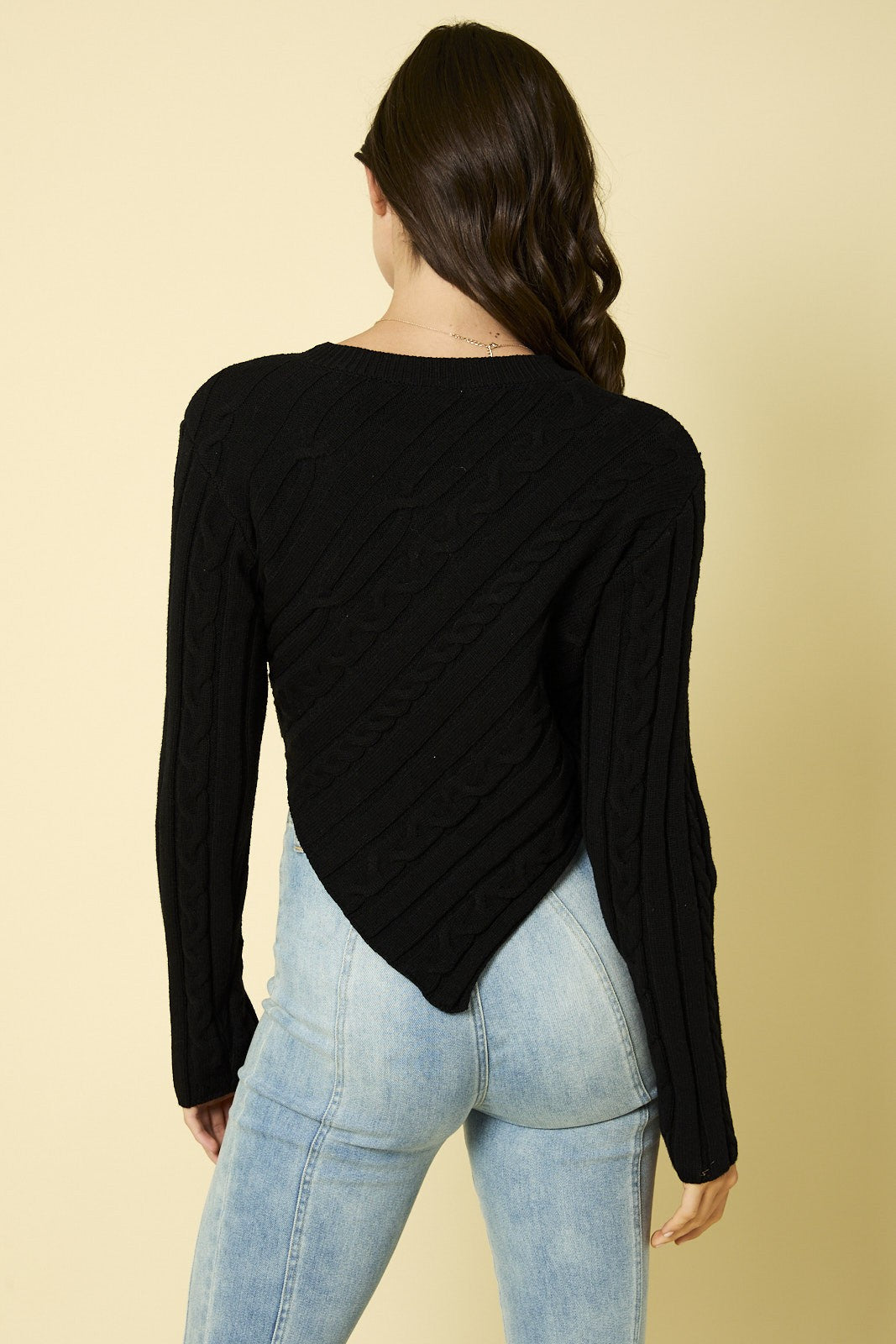 Long Sleeve Cable Knit V Design Sweater-Black