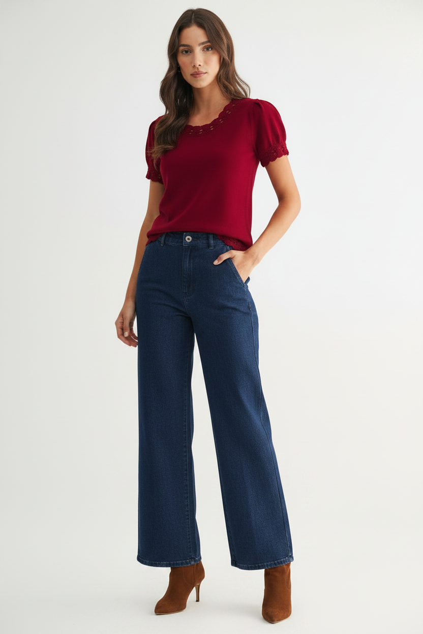 A woman modeling a short-sleeve red sweater with scallop crochet trim and white wide-leg trousers, standing against a plain light gray studio background.