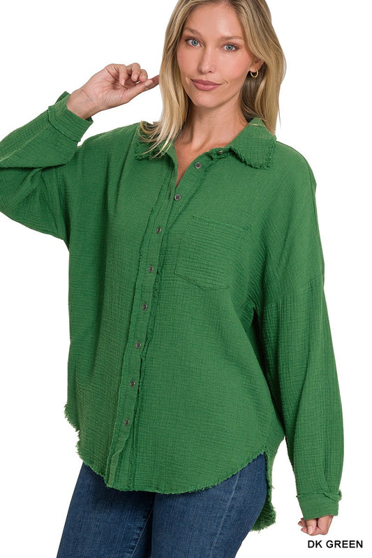 Double Gauze Oversized Raw Edge Shirt-Dark Green