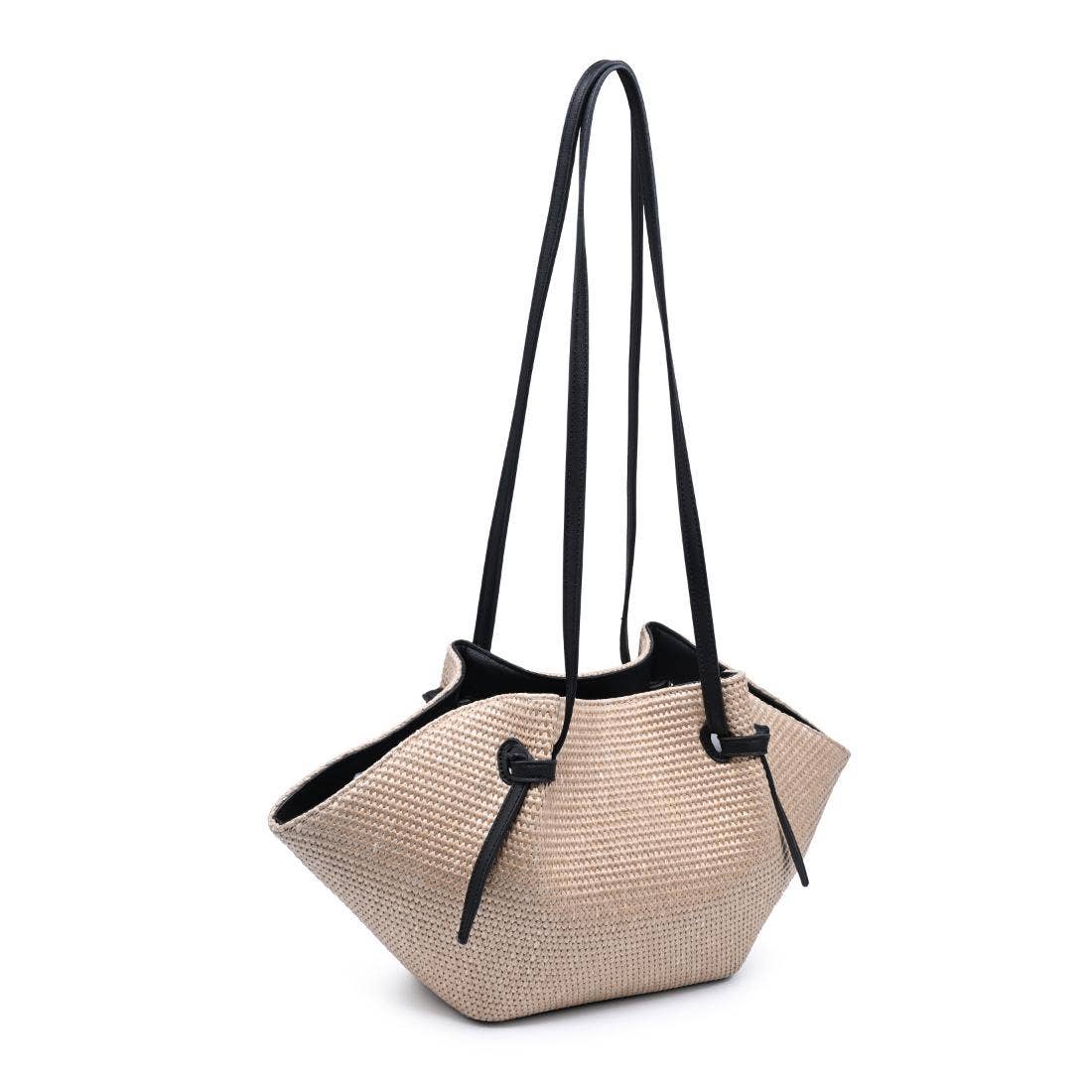 Natural straw bag with black strap on a white background