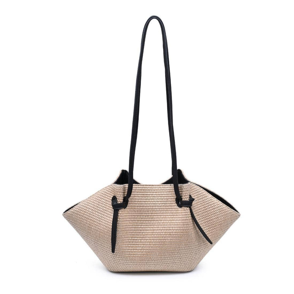 Natural straw bag with black strap on a white background