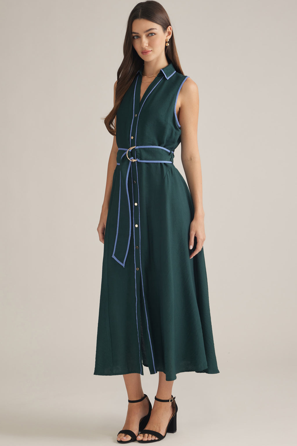 Riley Piping Detail Sleeveless Midi Dress-Hunter Green Blue Flowy