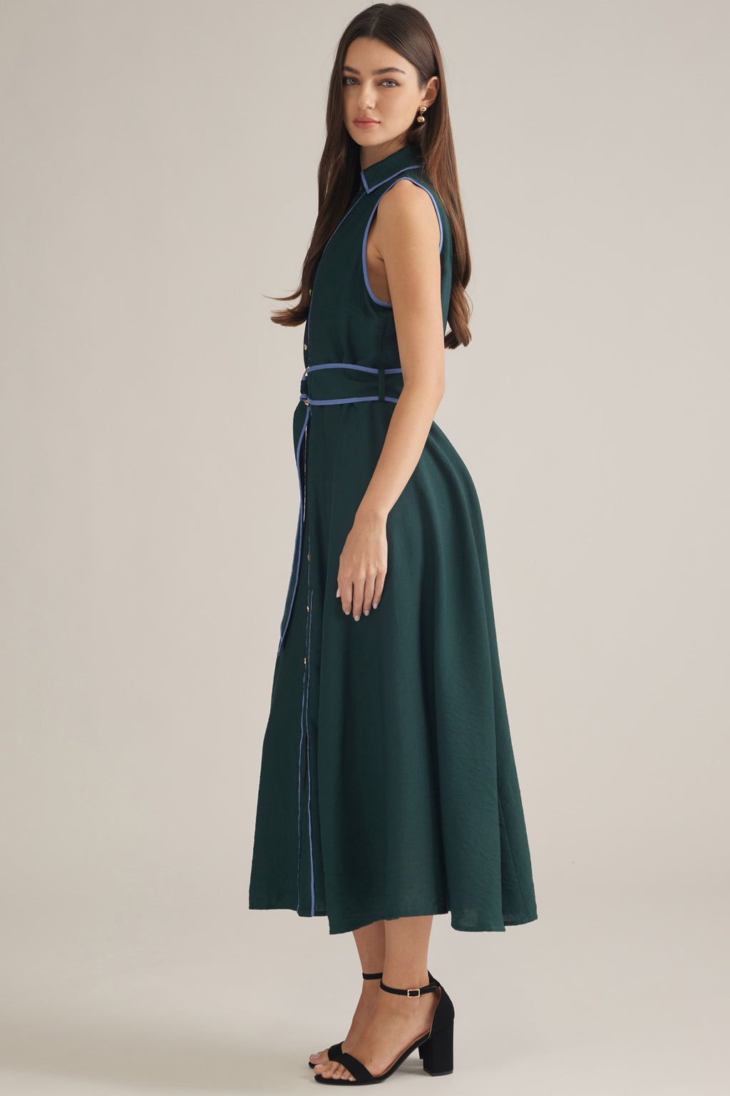 Riley Piping Detail Sleeveless Midi Dress-Hunter Green Blue Flowy