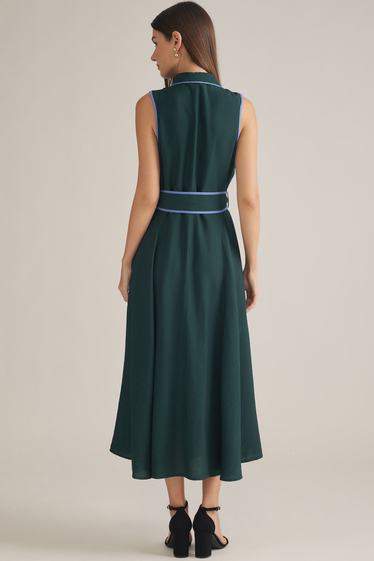 Riley Piping Detail Sleeveless Midi Dress-Hunter Green Blue Flowy