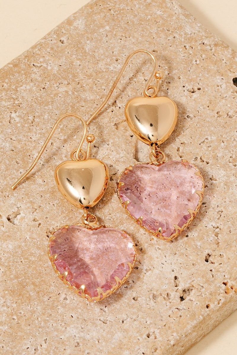 Faceted Crystal Heart Dangling Earrings-Pink